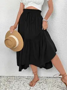 Women's Retro Elastic Waist Irregular Hem Flared Woven Skirt