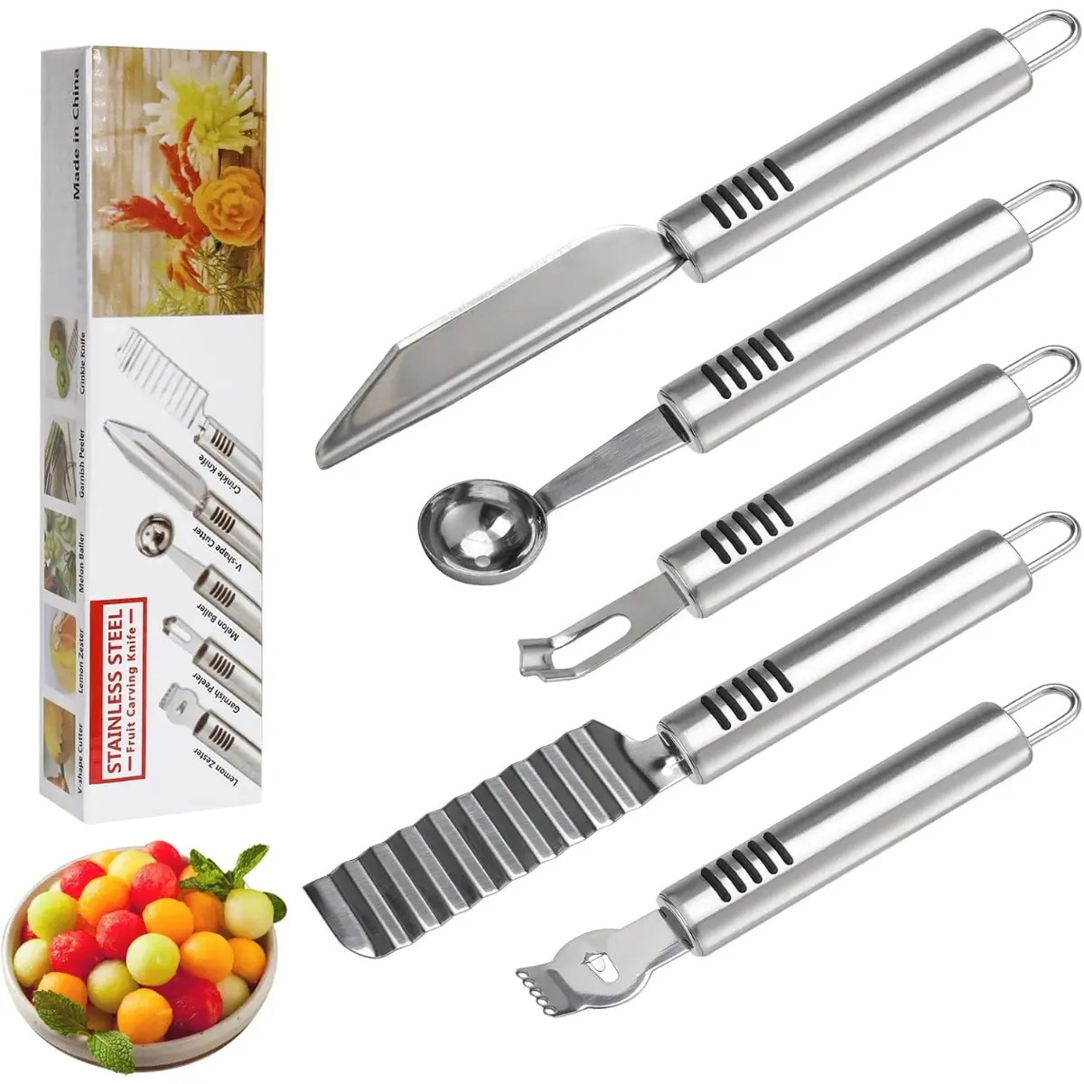 Stainless Steel Fruit & Vegetable Carving Knife Set (5-Pack with Handles) - Durable Kitchen Utensils Including Slicers, Melon Baller Scoop, Lemon Zester, Garnish Peeler, Crinkle Knife, V-Shape Cutter, Durable Vegetable Slicer, Fruit Plating
