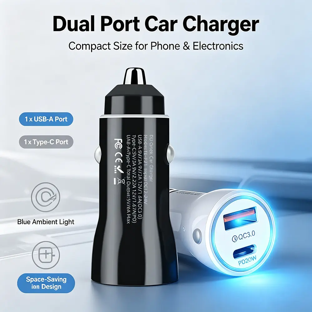 PD20W QC3.0 Dual Port Car Charger, Mini USB C Car Fast Charger Adapter, 12V-24V Cigarette Lighter Charger with Blue LED Light, Black & White Optional