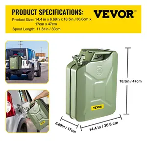 VEVOR Jerry Fuel Can, 5.3 Gallon/ 20 L Portable Jerry Gas Can with Flexible Spout System, Rustproof Heat-resistant Steel Fuel Tank for Cars Trucks Equipment, 2PCS Green