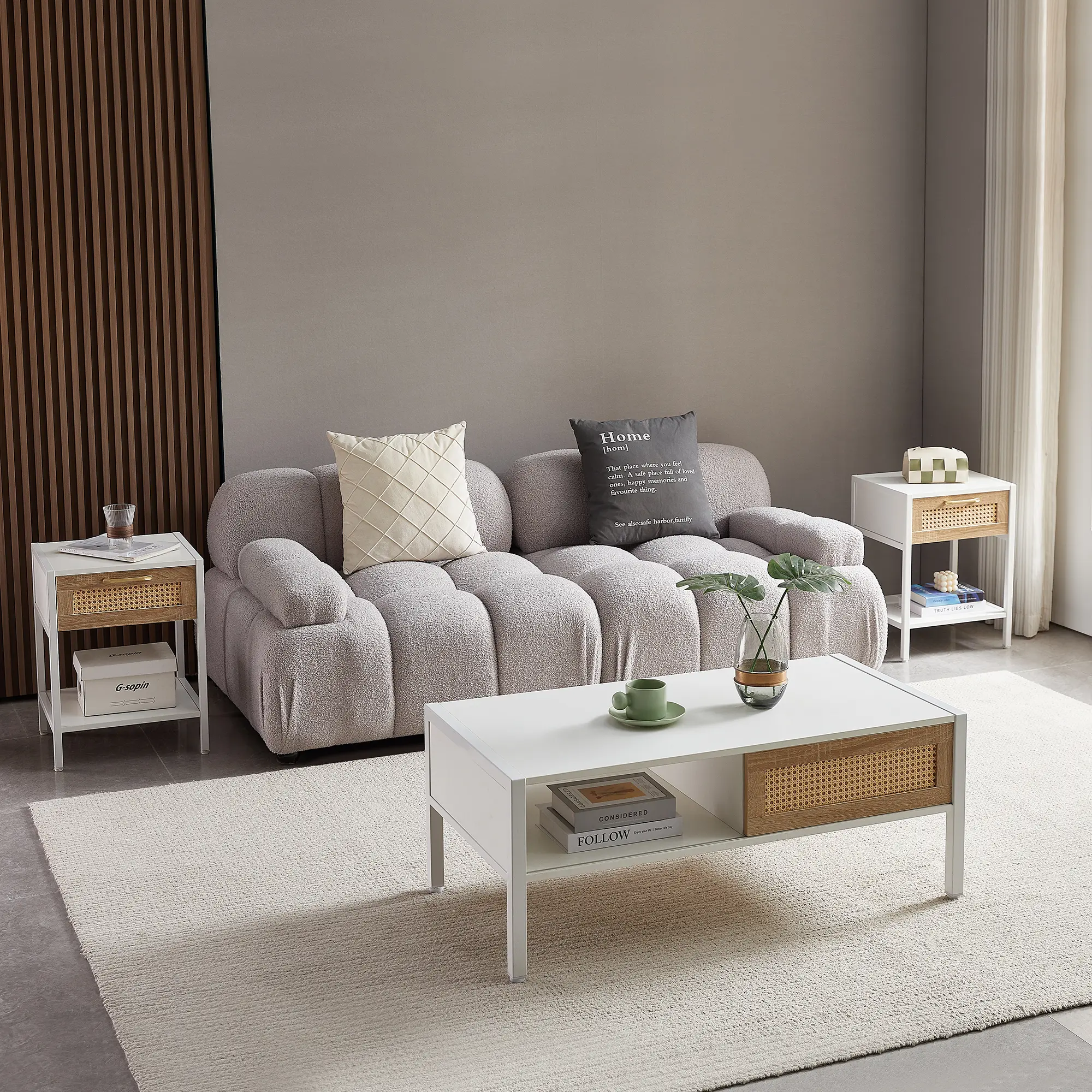 40.16" White Rattan Coffee Table with Sliding Door Storage & Metal Legs, YATU Living
