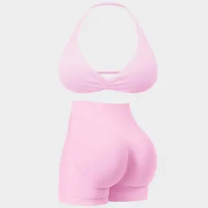 Womens Seamless Workout Sets 2 Piece Strappy Halter Sports Bra Scrunch Butt Shorts Gym Yoga Outfits