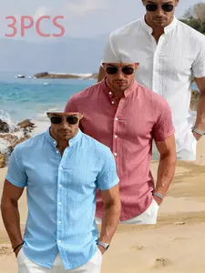Men's 3-piece solid color stand up collar shirt, summer beach, vacation travel, daily leisure and street wear, no lining breathable short sleeved cardigan, light business workplace daily commuting, beach vacation, weekend travel multi scene top Tropical