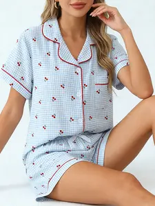 Energetic Blue Gingham Cherry Pajama Set Pjs for Women, Button Down Short Sleeve, Spring Summer Lightweight Loungewear, Red Cherry Print, Cute Home Outfit