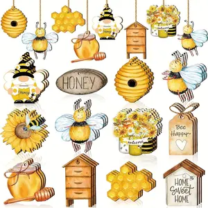 Bee & Honeycomb Pattern Wooden Hanging Decor, 24pcs/set 12 Styles Cute Hanging Ornament with Rope, Hanging Decor for Home Party & Festival