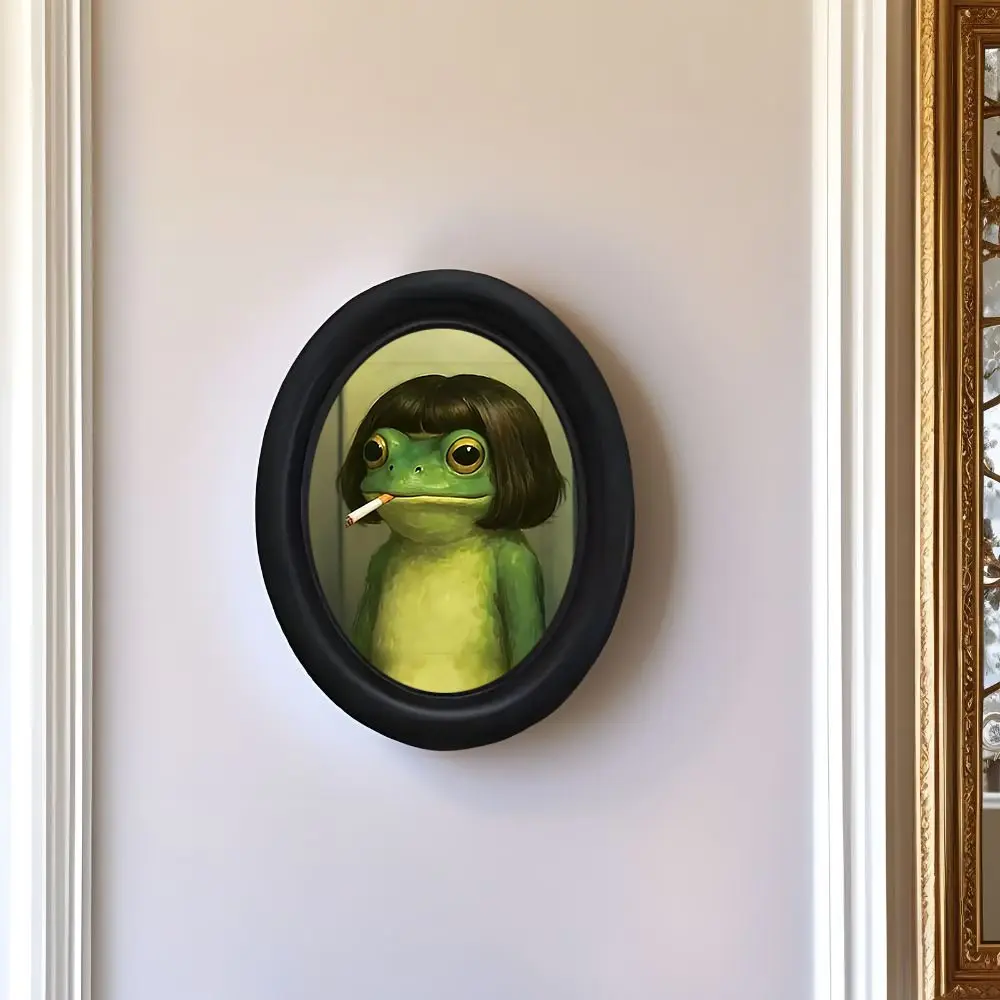 Funny Long-Haired Frog Room Wall Art, Artwork, Framed Quirky Frog Decor with Wig Elements, Unique Wooden Mini Hanging Decoration for Home & Office, Fun Gift Idea, Modern Home Decor, Aesthetic Wall Decor
