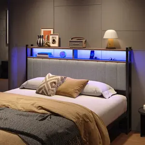 Pinmoco Upholstered Headboard with Storage, Linen Head Board with LED Light and Charging Station 【Headboard Only】