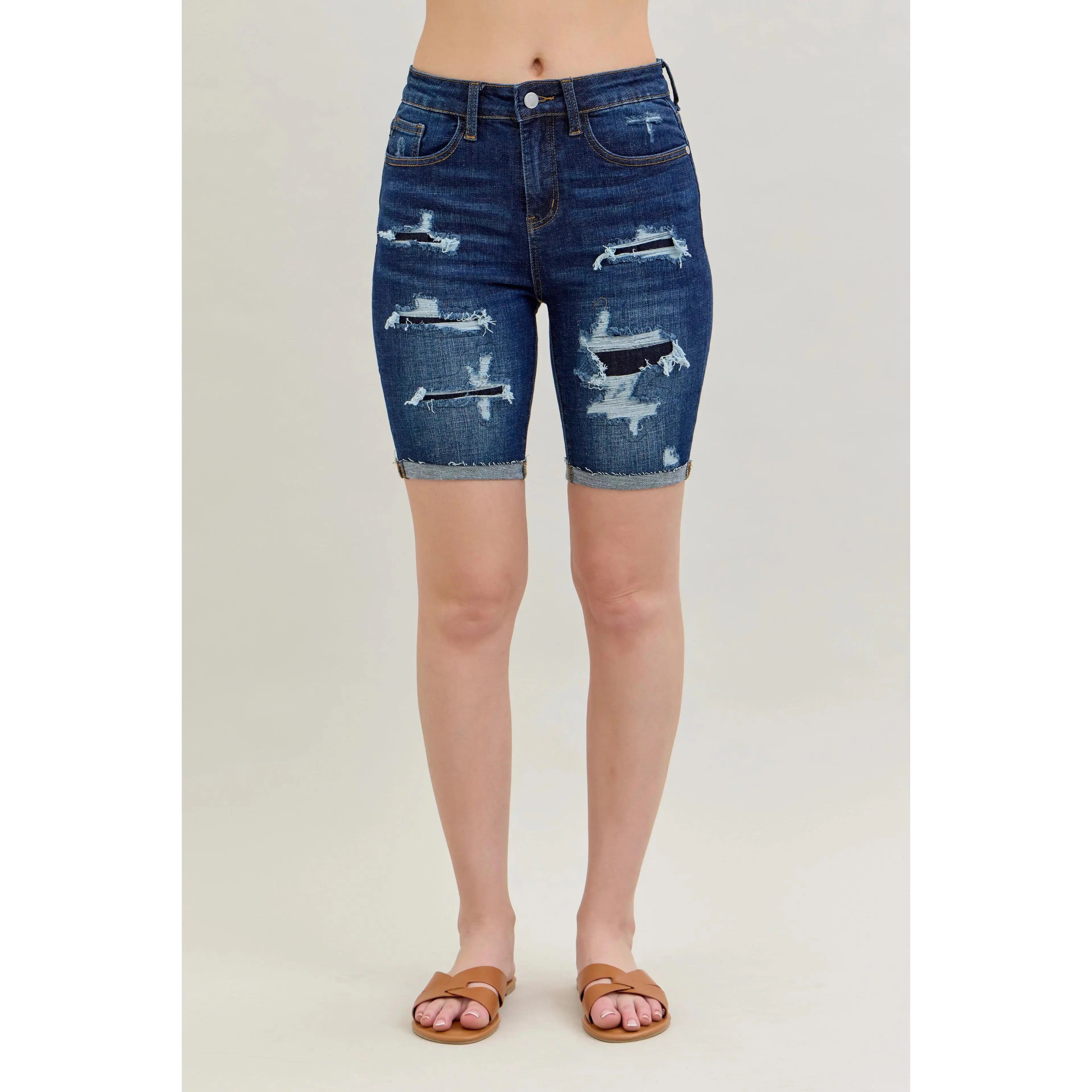 Judy Blue Patch High Rise Destroyed Bermuda Shorts