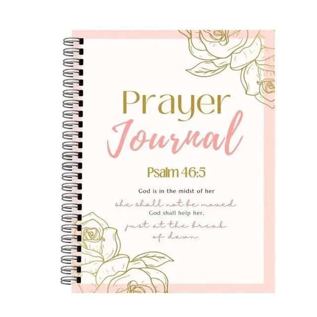 Christian Devotional Notebook Spiral-Bound Prayer Journal with Pink & Gold Floral Pattern for Gratitude & Reflection Faith-Based Guided Prayer Format