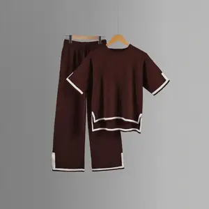 Women'sNewKnitTwo-PieceSet-ShortSleevePulloverSweater&Wide-LegPantsLoungewearEnsembleCasualMinimalist