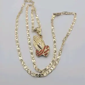 Praying Hands Pendant with Red Stones Chain 24 Inches Long 4 Milimiters Laminated Gold Jewerly