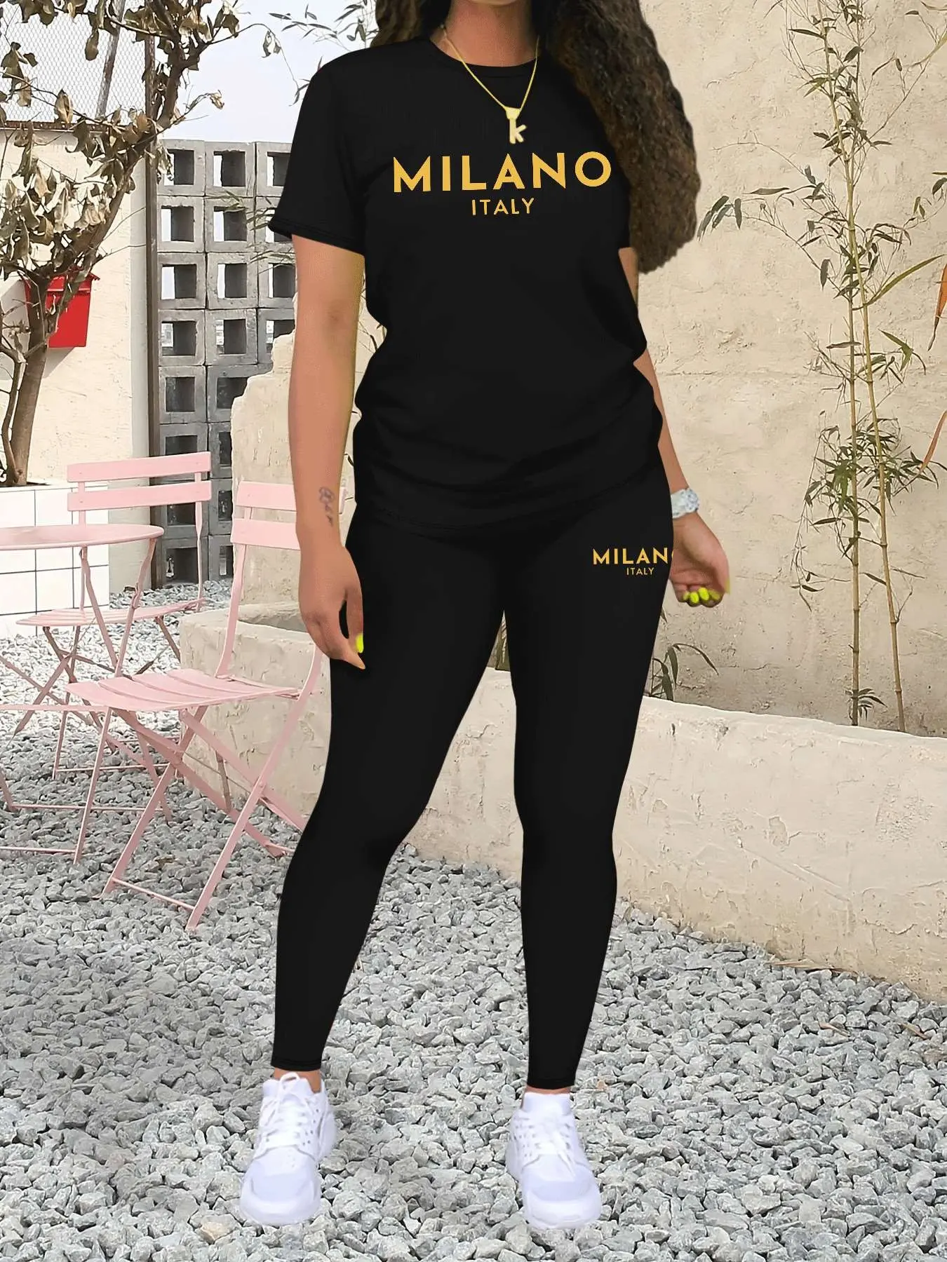 MILANO Graphic Letter Print Women's Fitted Solid Color Tee & Skinny Pants Two-piece Set Outfit, Casual Round Neck Short Sleeve T-shirt & Trousers for Spring & Fall, Ladies Clothes for Daily Wear, Womenswear Fashion