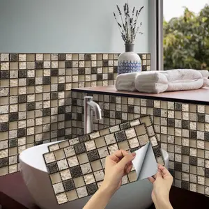 6/12/24/48 PCS Vintage FG Tile Stickers, Light Brown & Black Checkered Mosaic, PVC Crystal Film, Peel & Stick Backsplash, Waterproof Oil-Proof DIY Self-Adhesive Wall Decor