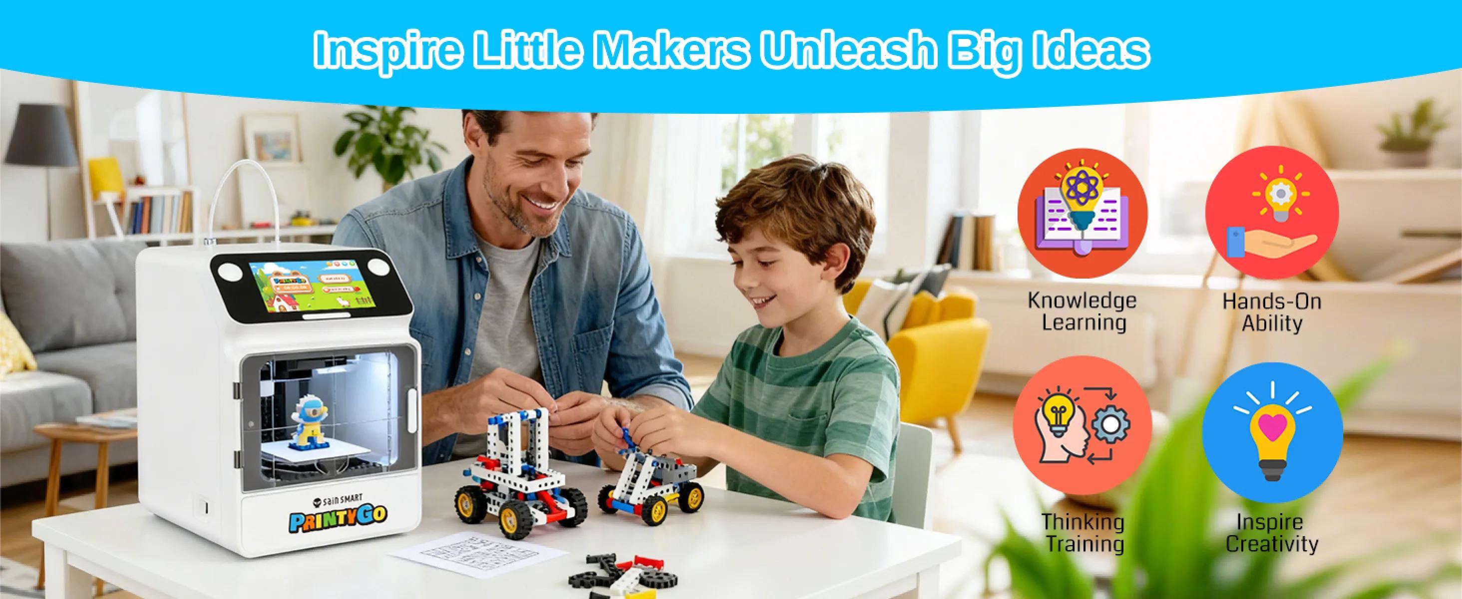 SainSmart PrintyGo 3D Printer for Kids, 600mm/s Auto Leveling Printer for Beginners with 5" Touch Screen, 1500+ Models, Child-Safe Design, Wi-Fi/App Control, Pre-Assembled for STEM Learning Gift