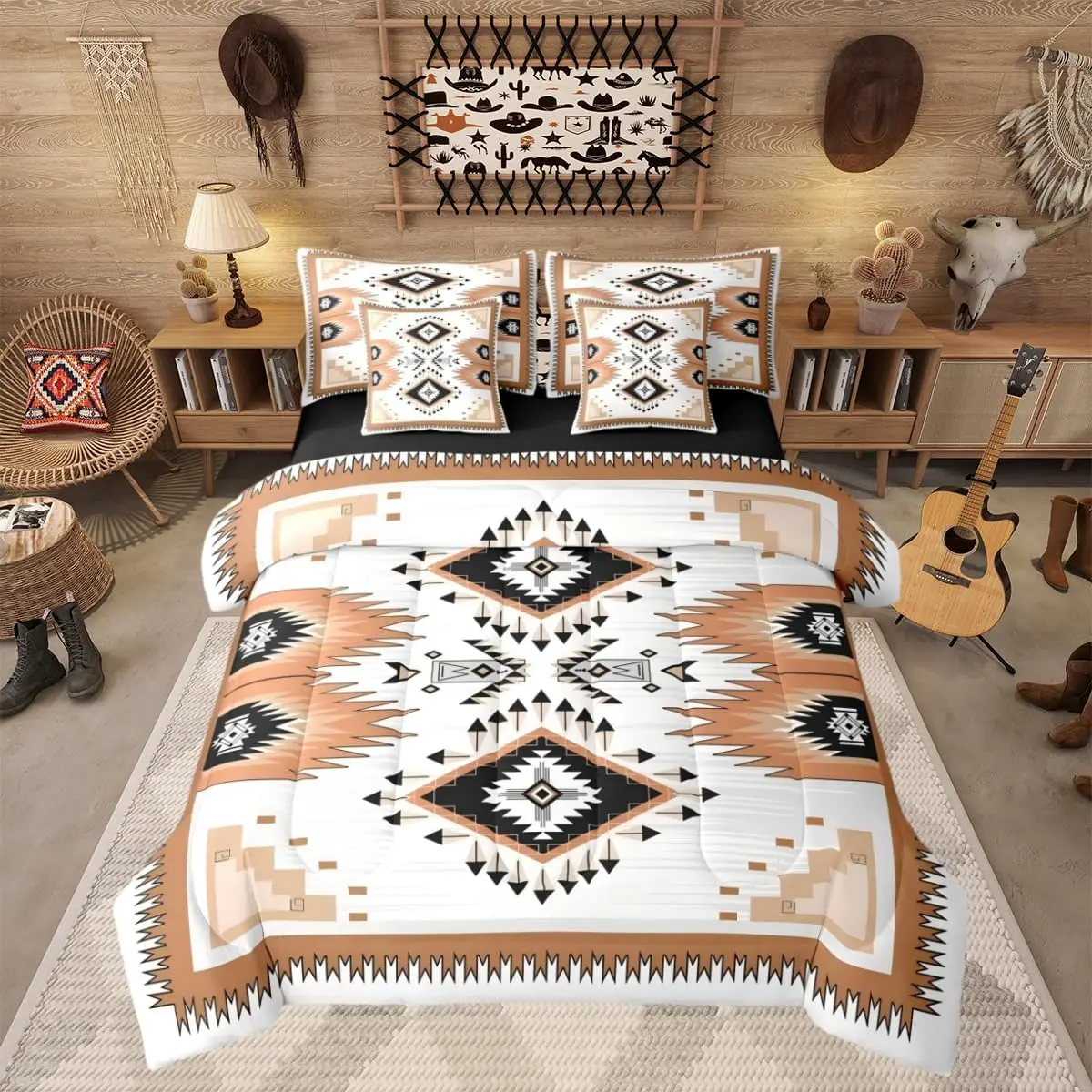 Rustic Farmhouse Bedding Set 7 Piece Western Aztec Bed in A Bag Youth Adult Southwestern Vintage Bohemian Comforter Set with Sheet Ethnic American Native Bed Sets