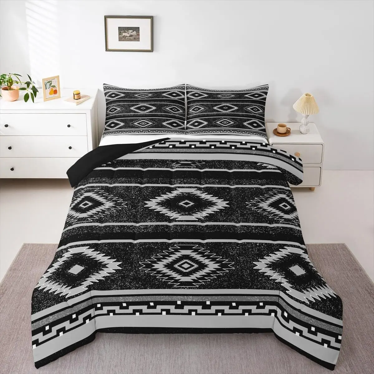 Southwest Native American Design Duvet Quilt Southwestern Geometric Bedding Set Black Gray Boho Comforter Set Women Men Tribal Room Decor Breathable Soft Lightweight Microfiber