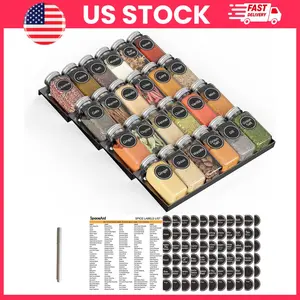 Spice Drawer Organizer with 24 Glass Spice Jars and 386 Labels, 4 Tier Metal Seasoning Rack Insert for Kitchen Drawer Storage, 11.25 inch Wide x 17.5 inch Deep Spice Rack Organizer Set with Airtight Lids, Kitchen Organization and Pantry Storage Solution