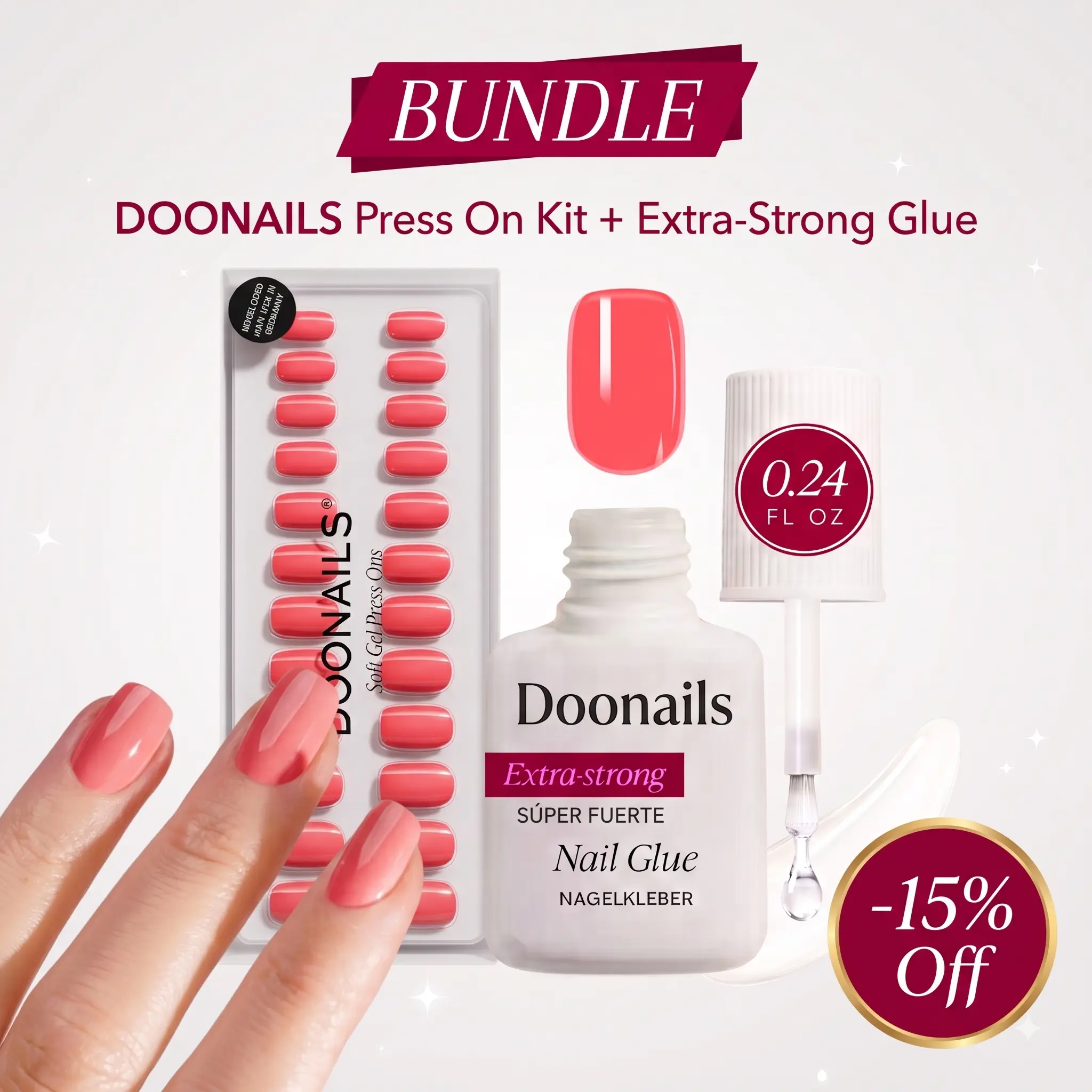 DOONAILS Press-On Nails Pastel Collection + Brush-On Nail Glue – Reusable Fake Nails Kit, 30 Pcs in 15 Sizes, Precision Brush Glue for up to 14 Days of Wear