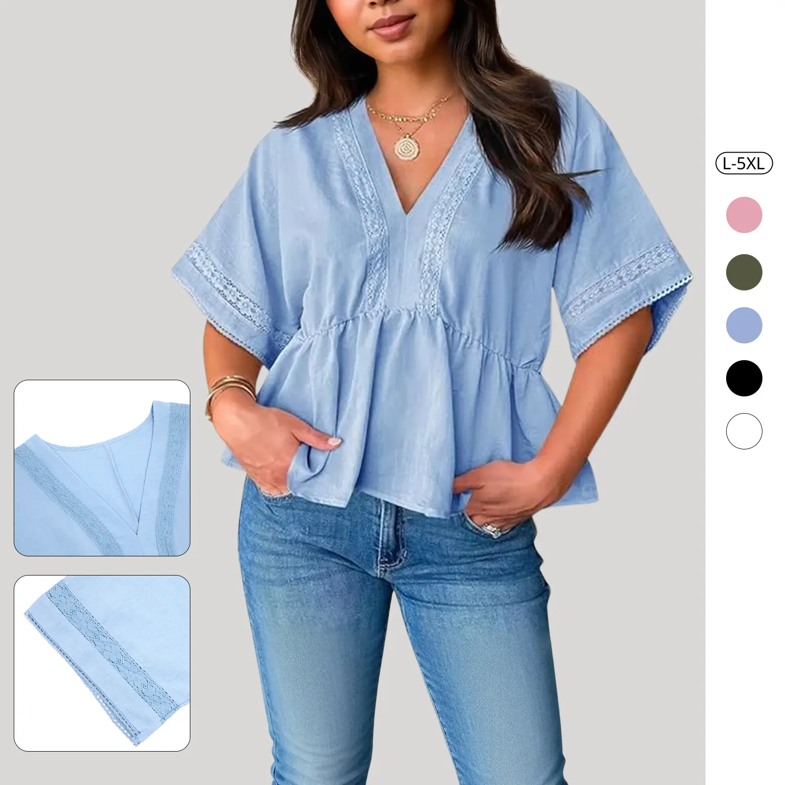 TANKANEO Women's Plus Size Babydoll Blouse - Dressy Casual V-Neck Eyelet Lace Short Sleeve Boho Peplum Baby Doll Tops for Going Out, Effortless Chic Clothes