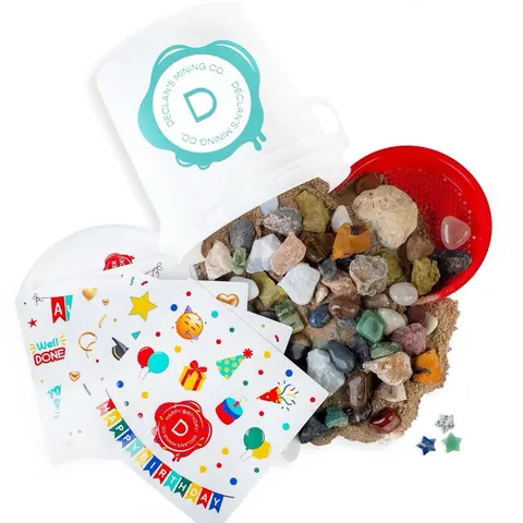 Celebration Bucket - Mining Bucket with Raw and Tumbled Stones, 3 Crystal Stars, Geode, and a Sifter- Includes Sticker Sheets for Special Occasions