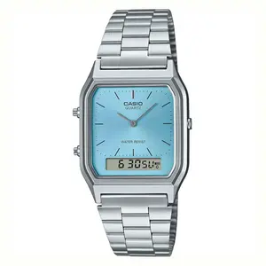 Casio Vintage Digital Watch AQ-230A-2A1MQY with Blue Dial and Stainless Steel Band Water Resist Quartz Movement