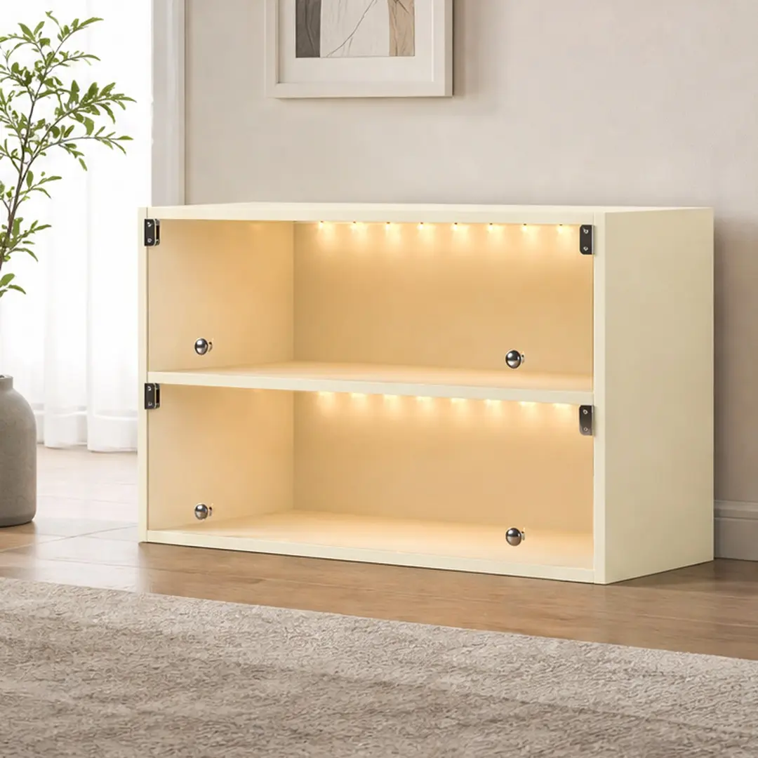 ARCH Off White Glass Door Shoe Storage Cabinet for Sneakers with RGB LED Light, Freestanding Particle Board Shoe Box Organizer for Dining Room, Living Room, Entryway, 6 Pair Capacity, Multiple Color Options, Off White/Red Color Options