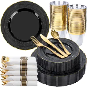 175PCS Black Lace Plastic Plates - Gold Disposable Plate Service for 25 Guests - 50 Plastic Plates, 25Pre-Rolled Napkins with Cutlery, 25 Cups Perfect for Wedding,Party,New Year
