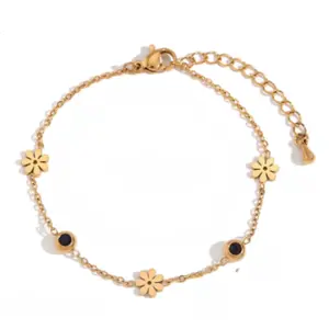 Flower Zircon Chain Bracelet Gold Plated Stainless Steel 17 cm Cuban Link Design with 5cm Extender for Casual Wear