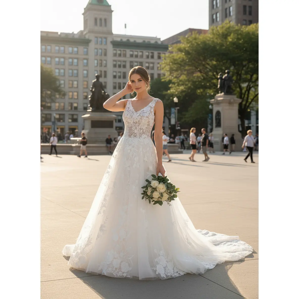 Rina A-Line Ivory Wedding Dress with Floral Lace and pockets