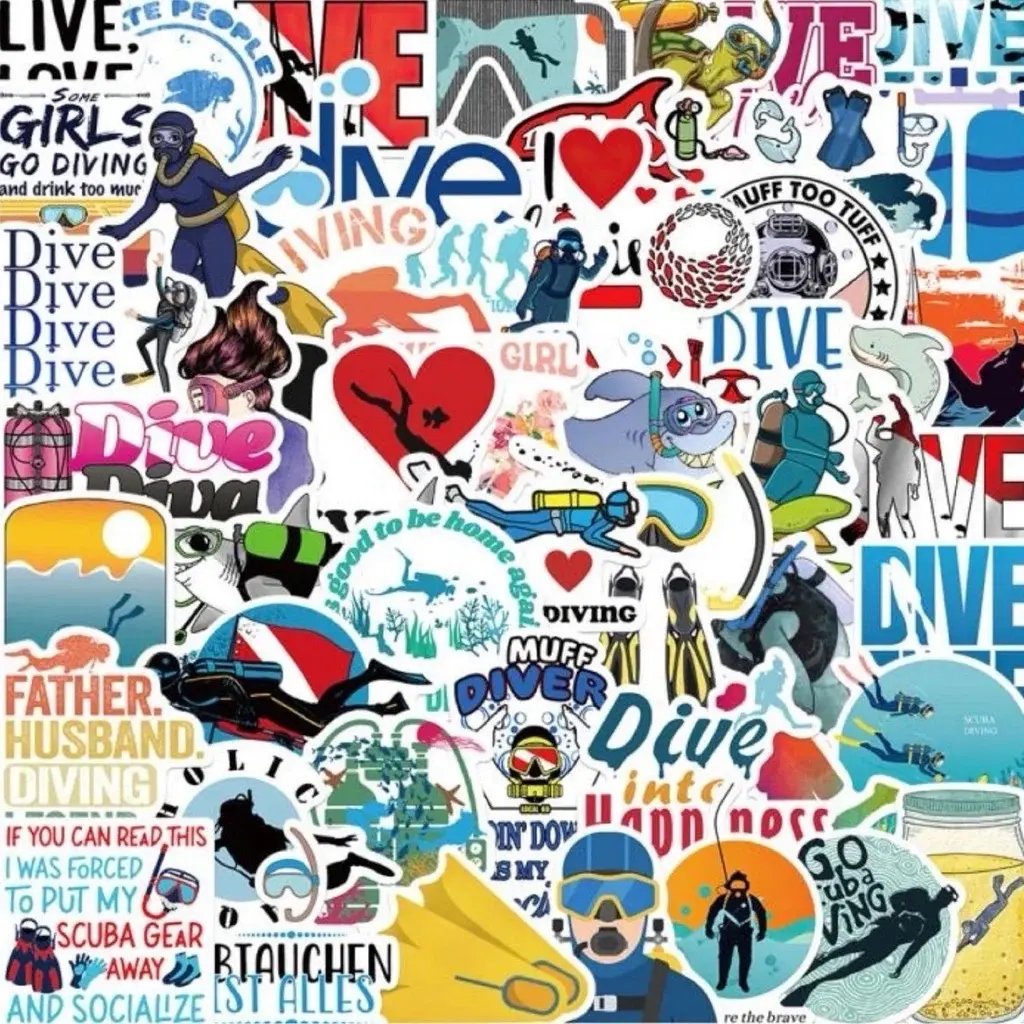 50 Pack of Scuba Diving Stickers - Waterproof, Removable and Fade Resistant- No Duplicates