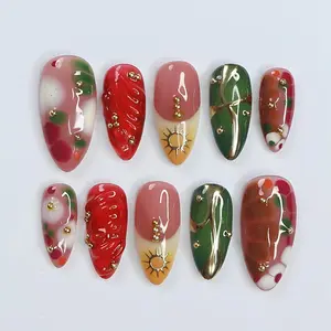 Freestyle Red & Green with Gold Chrome Long Coffin Press On Nails, Air Brush Fake Nails, Edgy Chrome Nails, Birthday Party Holiday Nail