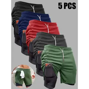 5pcs Men's 2-in-1 Double Layer Shorts With Inner Pocket, High Stretch Sports Shorts For Summer Gym Workout men pant men clothes