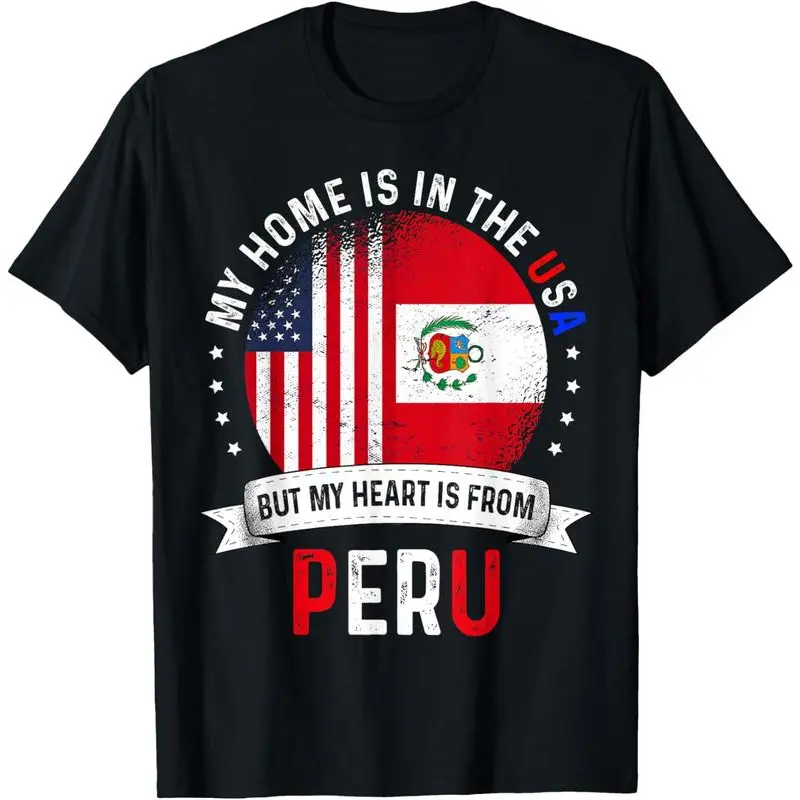 [100% Cotton] 100% Cotton 100%cotton Peruvian American Patriot Heart is from Peru Flag T-Shirt