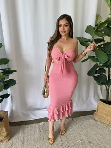 Nadia Midi Dress - Pink Super Stretchy Top Quality with Ruffle Detail - Model Wore Small - Not See Through