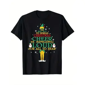 & Black Cotton Christmas T-Shirt with Elf & Snowman Print - Short Sleeve Casual Holiday Party Shirt, S-3XL Sizes, Soft Round Neck Tee for Year-Round Wear, Spreading Cheer graphic tee 90s graphic tees men's t shirts funny graphic tee