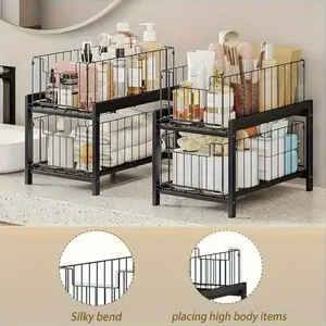 Silky Bend Under-Sink Organizers Pull-out Cabinet Wire Baskets Large Capacity Sturdy Drawer snack 2-Tier in Kitchen Bathroom Metal Black, Shelf Baskets Steel