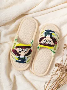 Women's Cartoon Girl Print Linen Slippers, Breathable Sweat-Wicking Eva Sole, Non-Slip Quiet Home Shoes, All-Season Casual Footwear