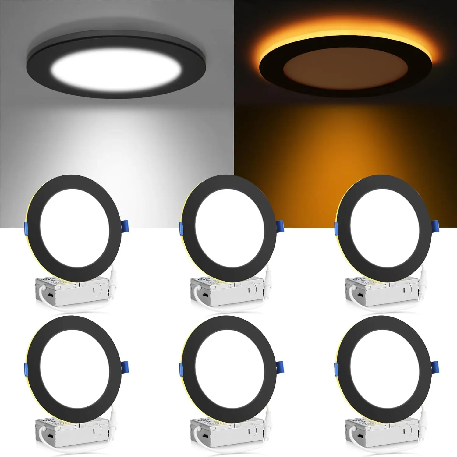 6 Pack 6 Inch 5CCT LED Recessed Ceiling Light with Night Light, 2700K/3000K/3500K/4000K/5000K Selectable Ultra-Thin Lighting, 12W=110W, 1050LM, Dimmable Canless Wafer Downlight, Black Trim