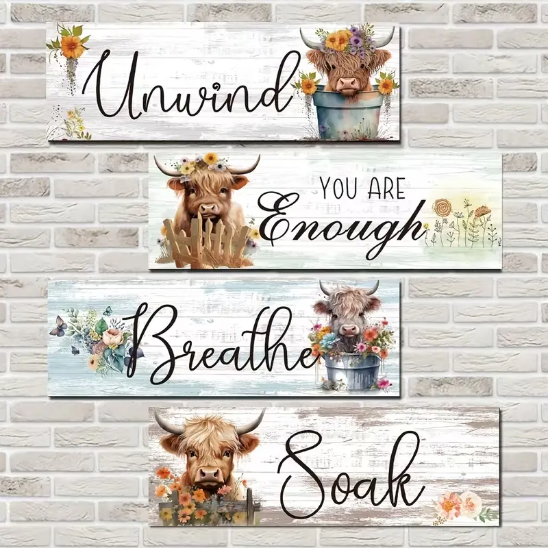 4 Piece Wooden Highland Cow Motivational Wall Art Decor, Inspirational Farmhouse Wall Decoration, Positive Quotes, Suitable for Home Bathroom Bedroom Living Room