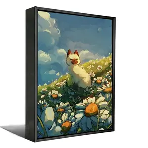 Canvas Wall Art Siamese Cat In Daisy Field Scenery Oil Painting Style Decorative Canvas Print For Bedroom Living Room Home Wall Decor