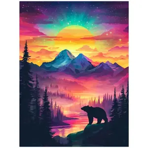Gradient Aurora Starry Sky Mountain Range Bear Silhouette Forest River Diamond Painting 5D DIY Kit Full Drill Square Round Diamonds Embroidery Cross Stitch Art Craft Home Wall Decor, Handmade Gifts, Unique Art Gift Handmade Painting Set