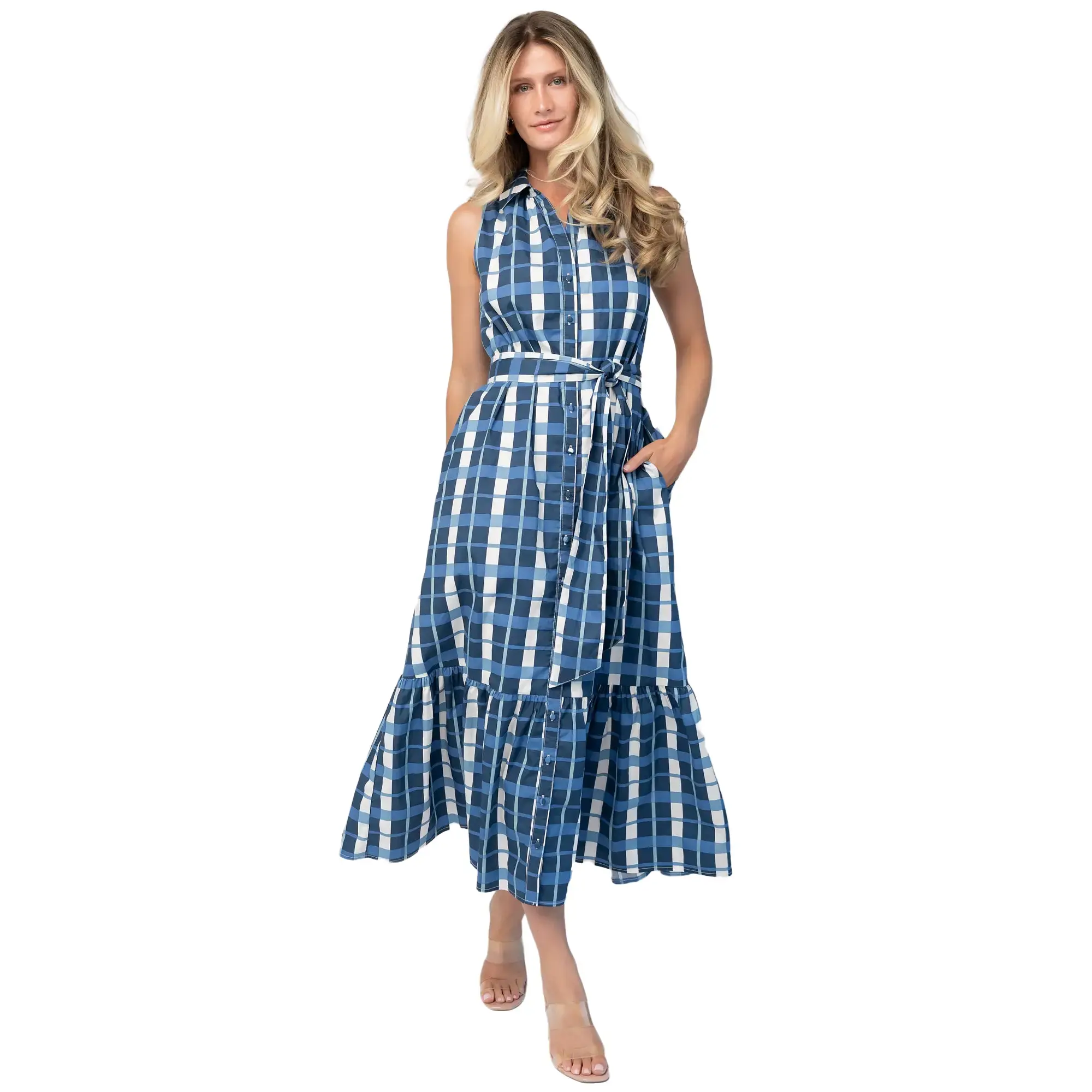 Women's Brooke Button-Down Shirt Dress, Blue-White Check, Adjustable, Breathable Casual Womenswear, Everyday