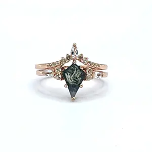 Valerie Rose - Erin - Moss Agate Gemstone with White Topaz Sterling Silver in Rose Gold Vermeil Ring Set