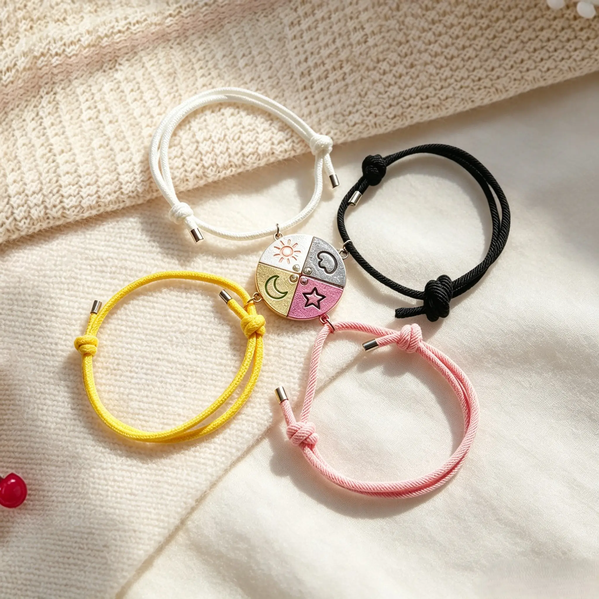 Sun and Moon Statement Magnet-Powered Braided Rope Strap Bracelet Combination Set, 4-Piece Adjustable Puzzle Matching Jewelry, Friendship Gifts for Teens Adults, Magnet-Powered Bracelets & Bangles, Sun And Moon Statement Bracelets & Bangles