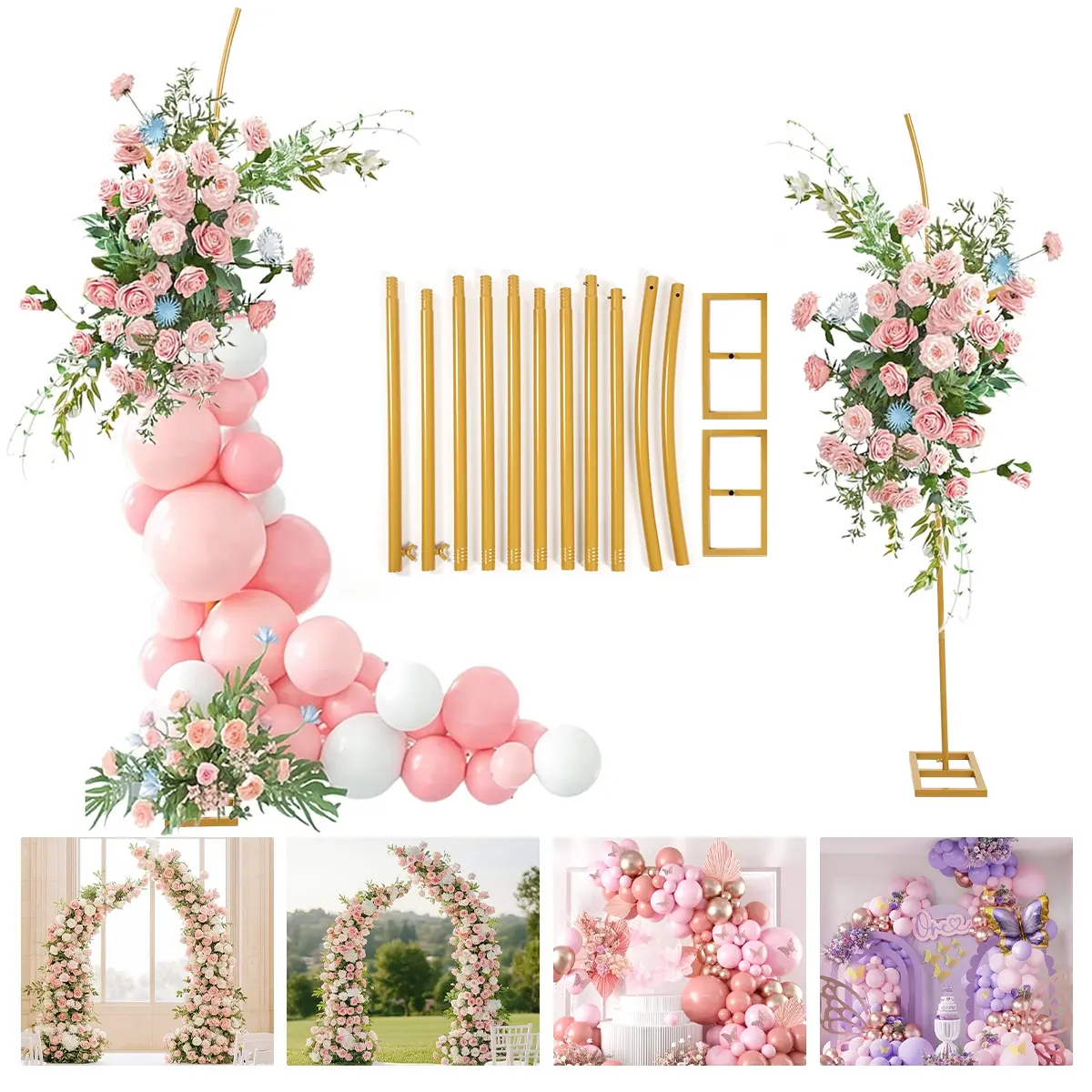 Die-Cast Balloon Arch Kits 2-Piece Set - Anti-Rust, Corrosion-Resistant Durable Metal Frame, Adjustable Backdrop Stand, Festive Banner Holder, Indoor/Outdoor Gold Decor for Birthday, Wedding, Candy Buffets