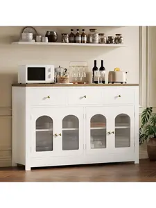 Farmhouse Wooden Buffet Cabinet with Wooden Construction, 55-in Narrow Kitchen Coffee Bar, 3 Drawers, 4 Doors, Large Storage Indoor Furniture for Dining Room and Kitchen