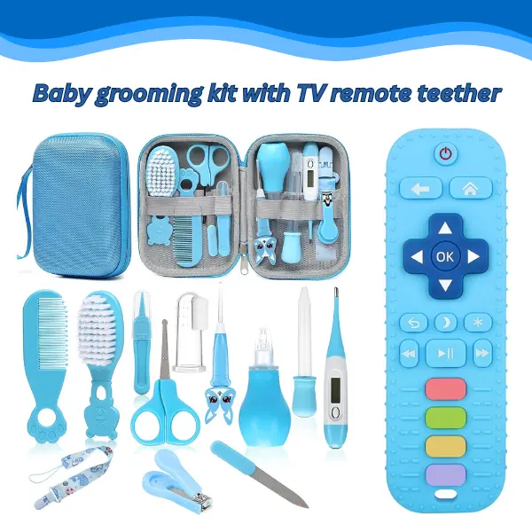 13 PCS Baby Grooming Kit for Newborn, Baby Healthcare Kit with Thermometer, Hair Brush, Comb, Nail Clippers, Travel Case & Silicone Remote Teether
