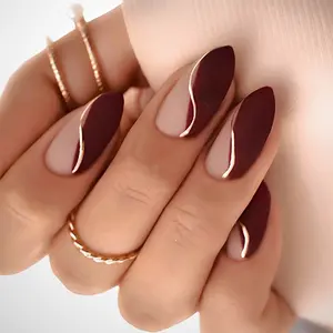 Almond Shape Press on Nails | Matte Gold Line Design | Acrylic False Nails