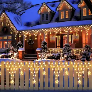 Solar Powered Christmas String Lights, LED Star Light, Window Curtain Lights with 12 Flashing Stars, Waterproof with 8 Modes, for Roofs, Tents, and Garden Decorations for Christmas, Halloween, Thanksgiving, Camping, Outdoor Icicle Light Decorations