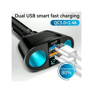 QC3.0 Car Charger, High Speed Charger, Cigarette Lighter Socket Splitter, 12V/24V Dual USB Power Adapter, 5-Port Car Socket, suitable for mobile phones, DVRs (Type-C port), 66W Super Fast Charging